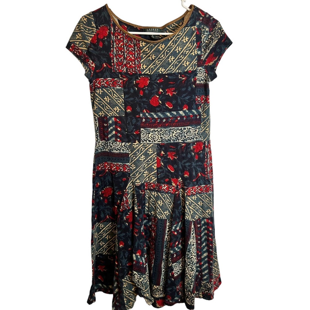 Ralph Lauren 100% Cotton Green Blue Red‎ Floral Empire Tunic Shirt Dress Medium